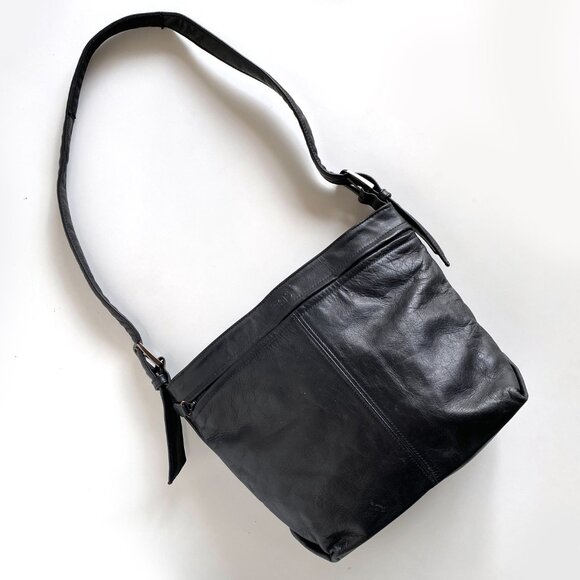 SAS Leather Bucket Handbag Shoulder Crossbody Adjustable Strap Black - Picture 2 of 16